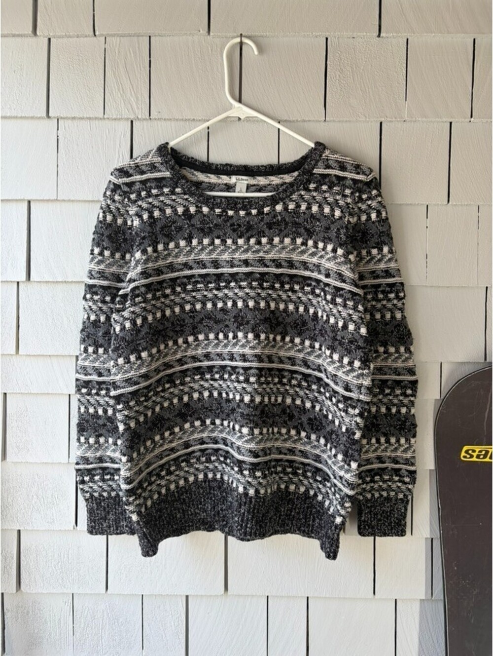 L.L.Bean Fair Isle Sweater Womens Large Black Cream Nordic Knit Crewneck Cotton